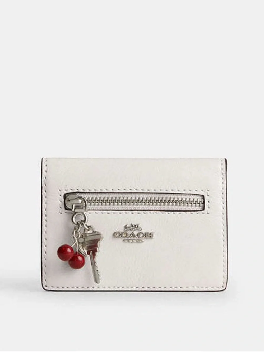 Coach White Leather Card Case with Red Cherry Charm and Key Charm - New